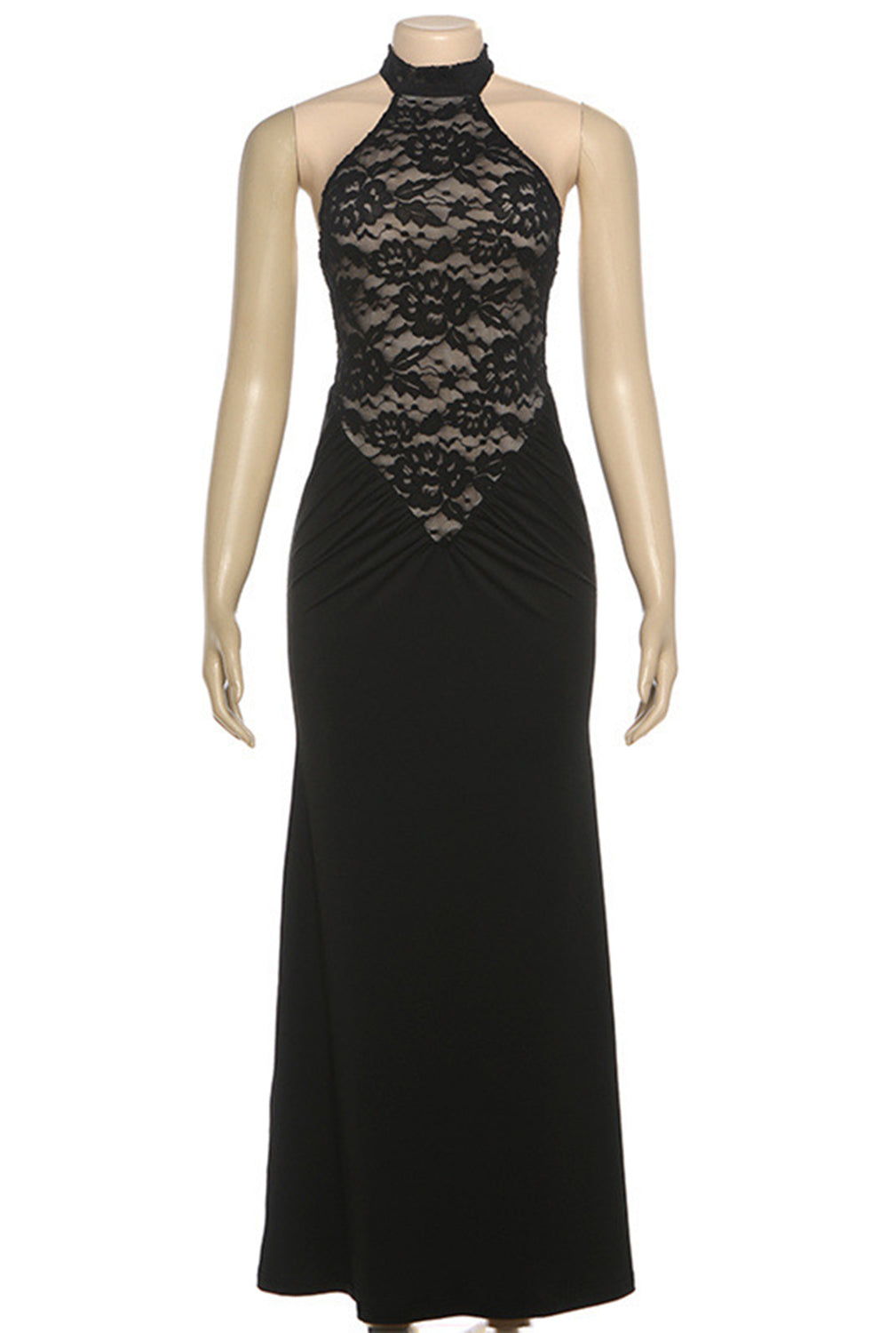 Lace Patchwork Halter Collar Backless Bodycon Party Maxi Dresses-Black