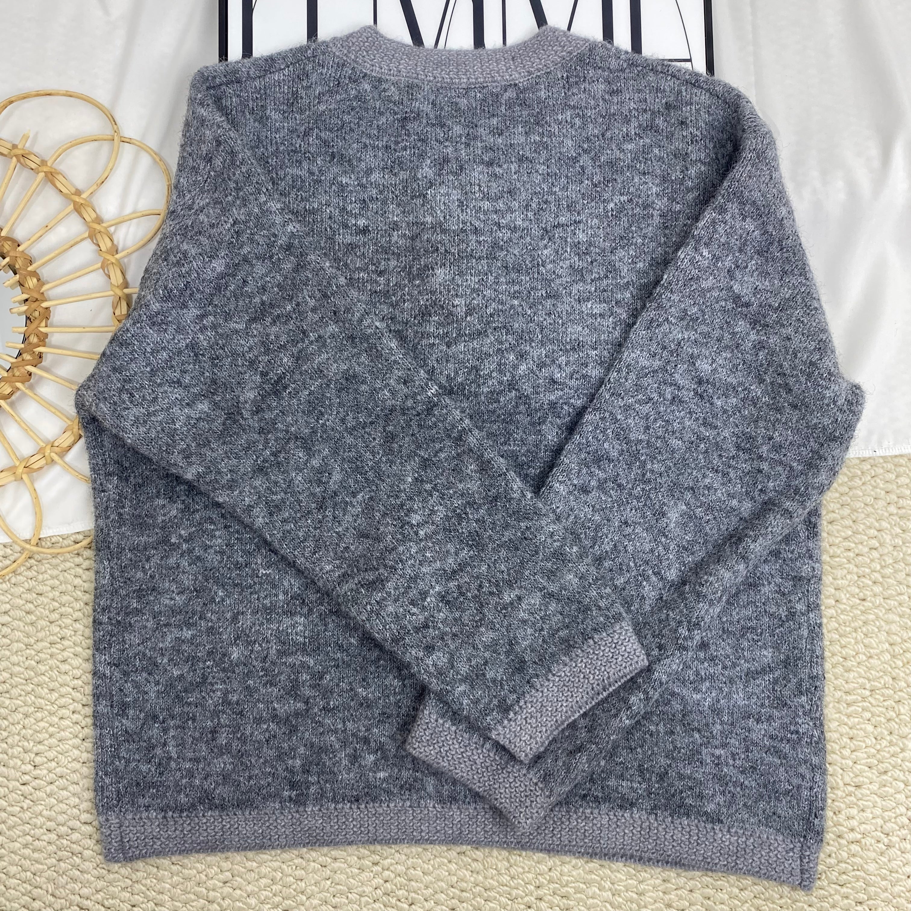 Grey Crew Neck Knit Cardigan