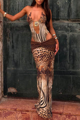 Animal Print Chain Halter Bodysuit Maxi Skirt 2pcs Set-Brown Pre Order