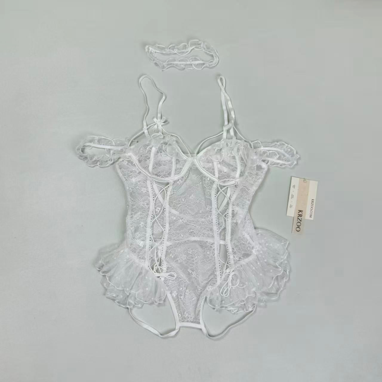 Backless and low-cut one-piece net-sheer uniform set