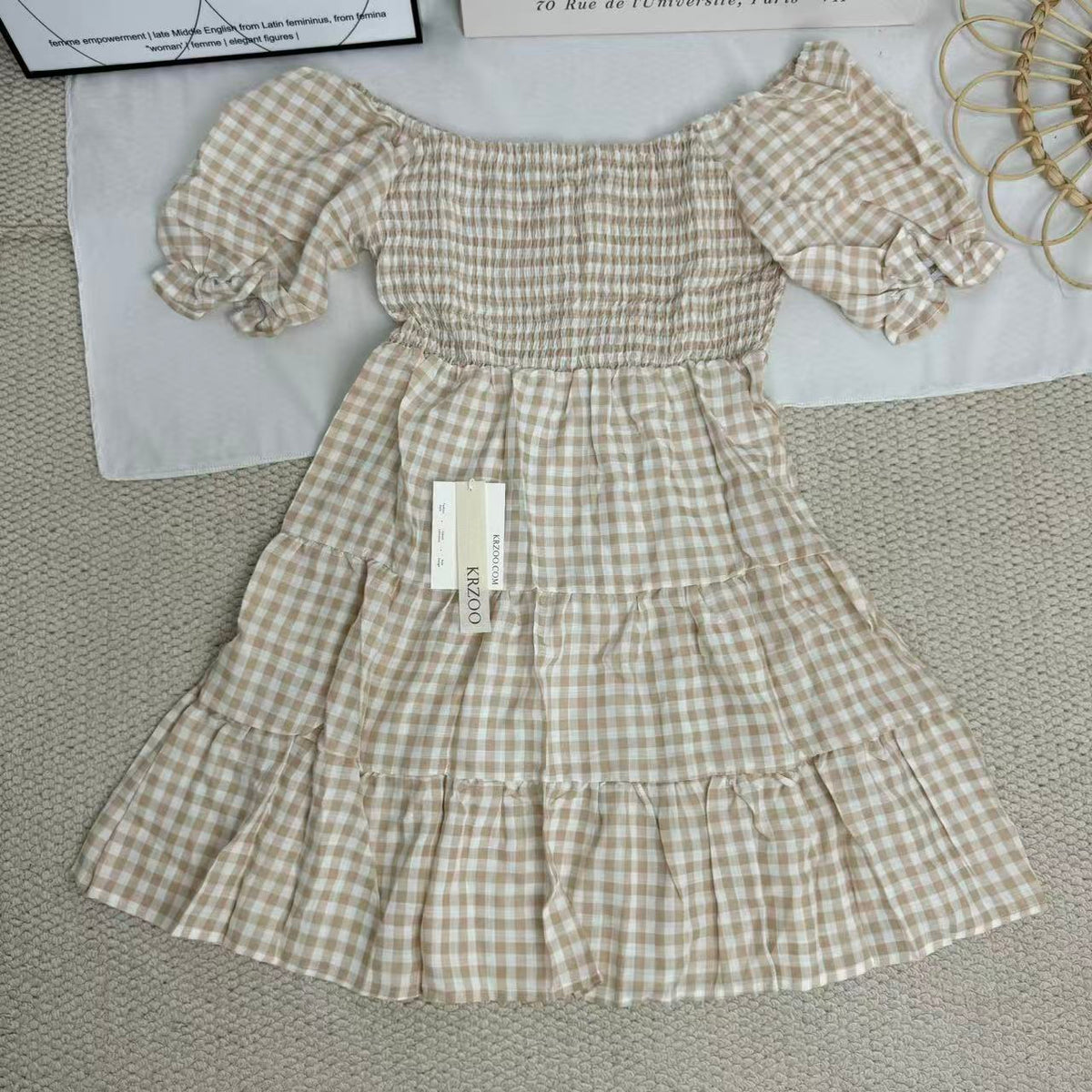 Square-neck checked high-waisted dress