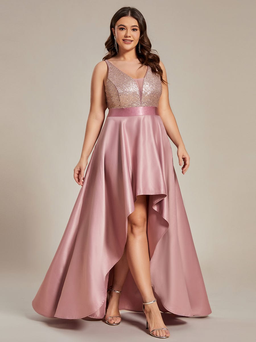 Elegant Sequin Embellished High Low Plus Size Evening Dress