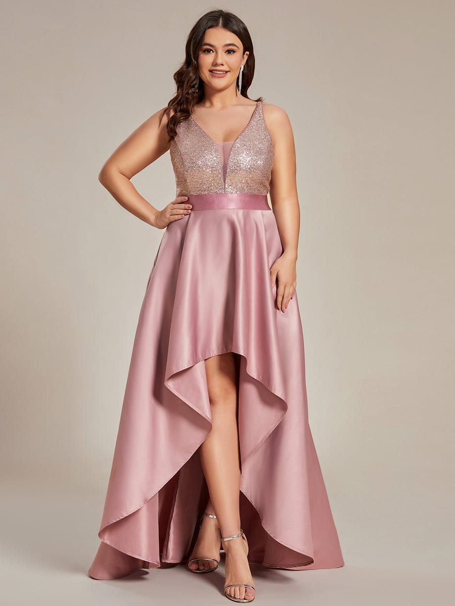 Elegant Sequin Embellished High Low Plus Size Evening Dress