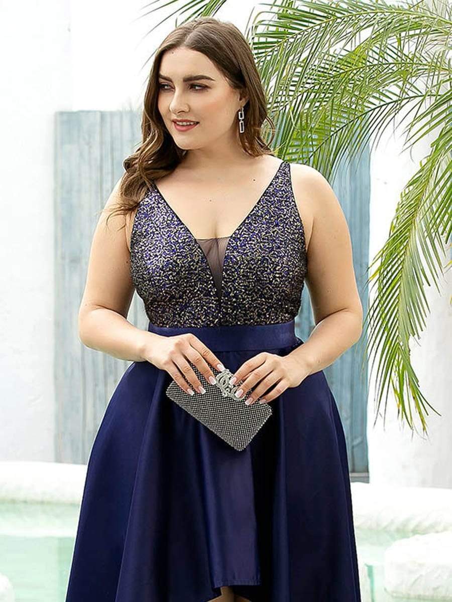 Elegant Sequin Embellished High Low Plus Size Evening Dress