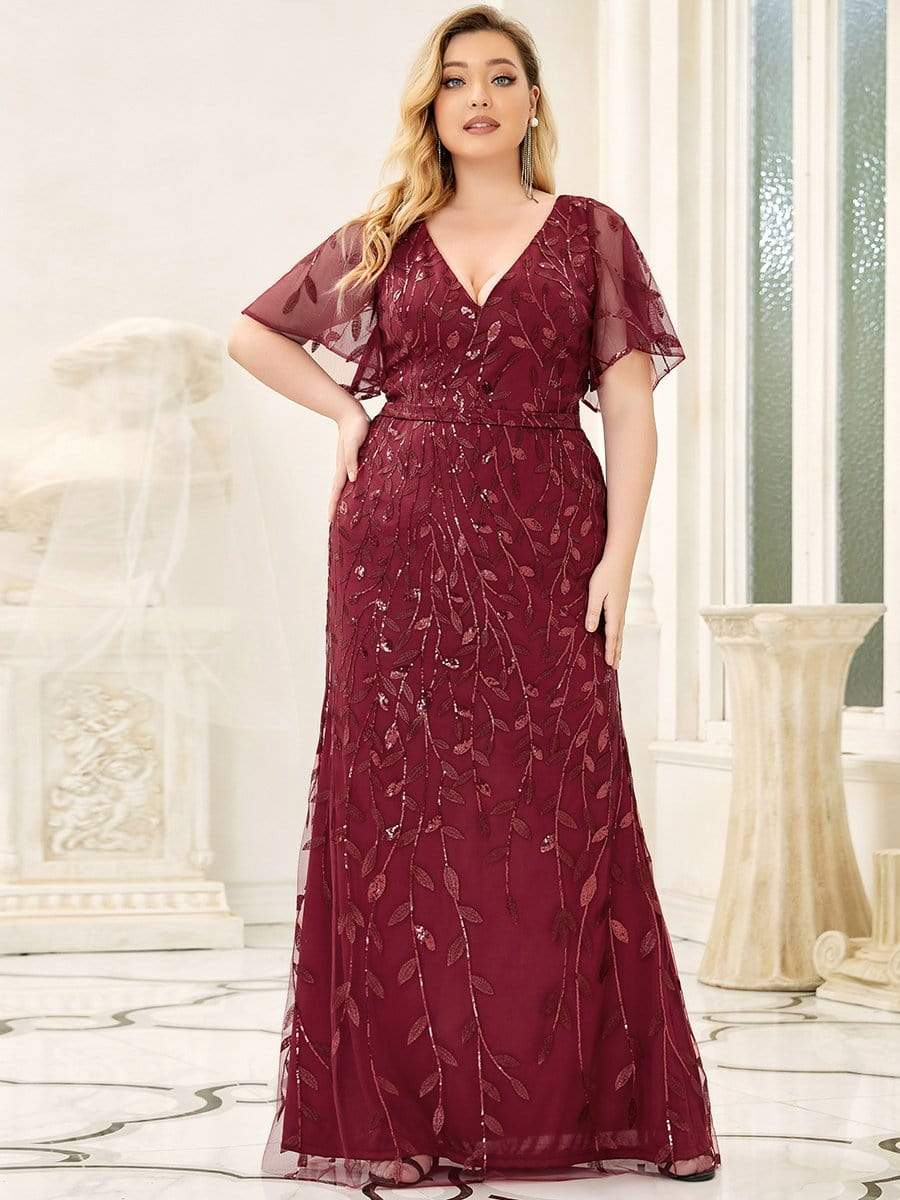 Enchanting Plus Size V Neck Mermaid Sequin & Tulle Evening Gown