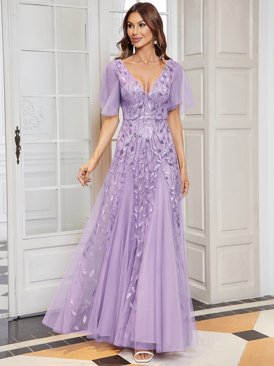 Shimmery V Neck Ruffle Sleeves Sequin Maxi Long Evening Dress