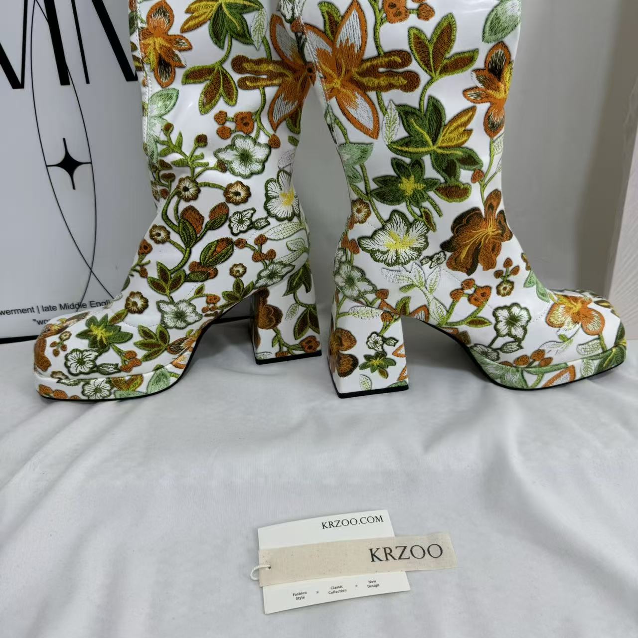 Color-block Floral Knee-High Boots