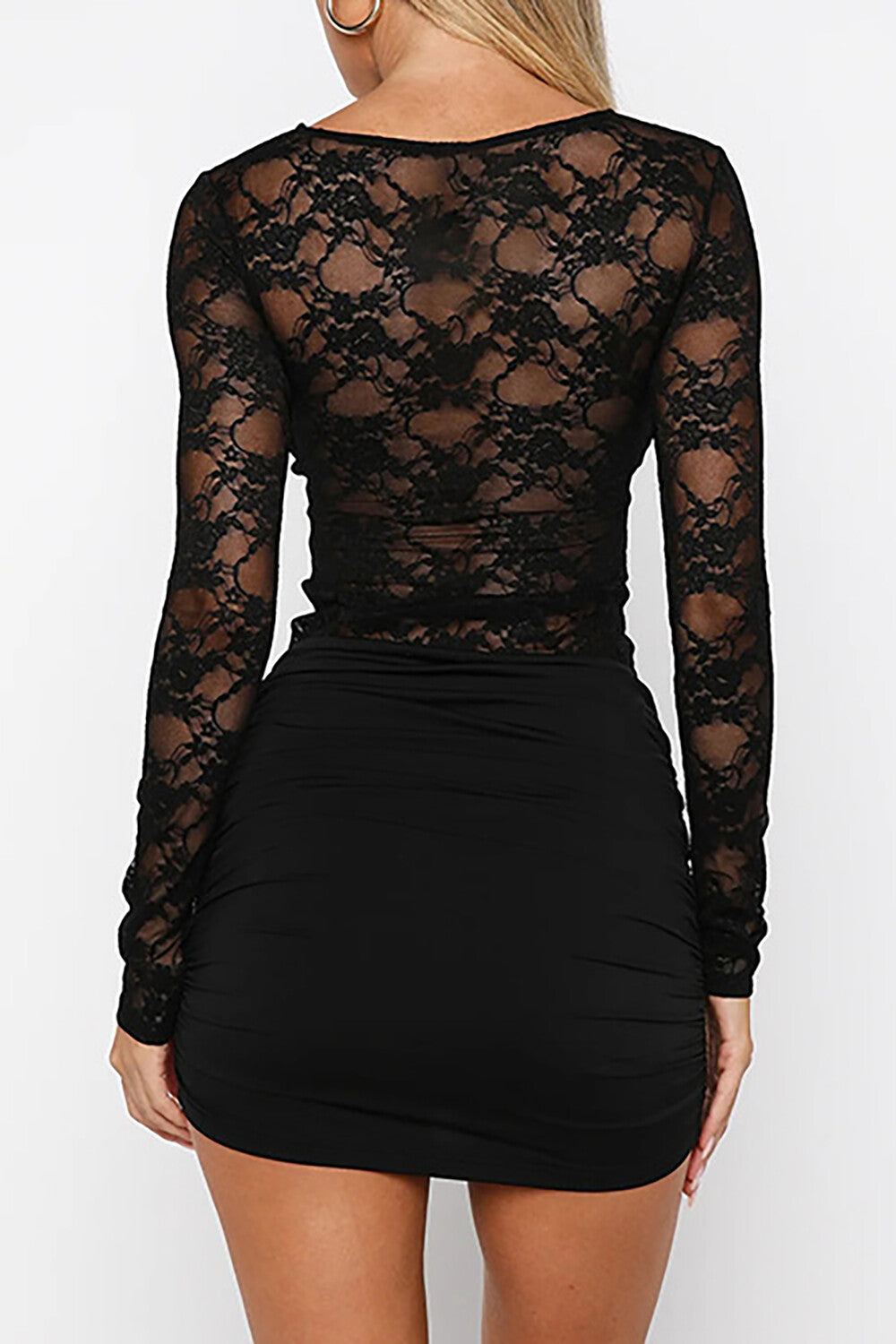 Lace Patchwork Round Neck Long Sleeve Ruched Bodycon Mini Dresses-Black