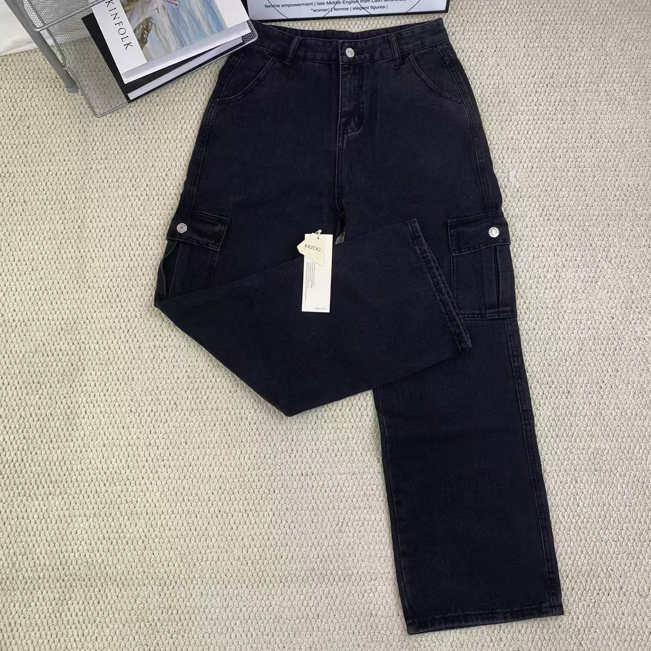Washed multi-pocket straight-leg work pants