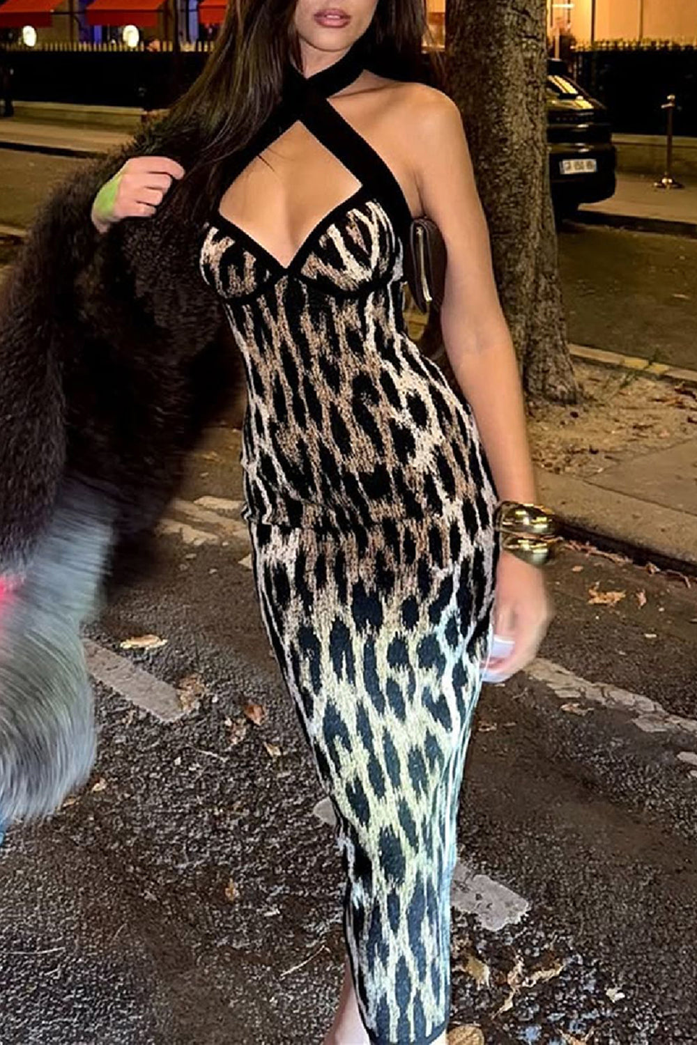 Halter V Neck Leopard Print Split Hem Bodycon Midi Dresses-Brown