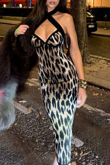 Halter V Neck Leopard Print Split Hem Bodycon Midi Dresses-Brown