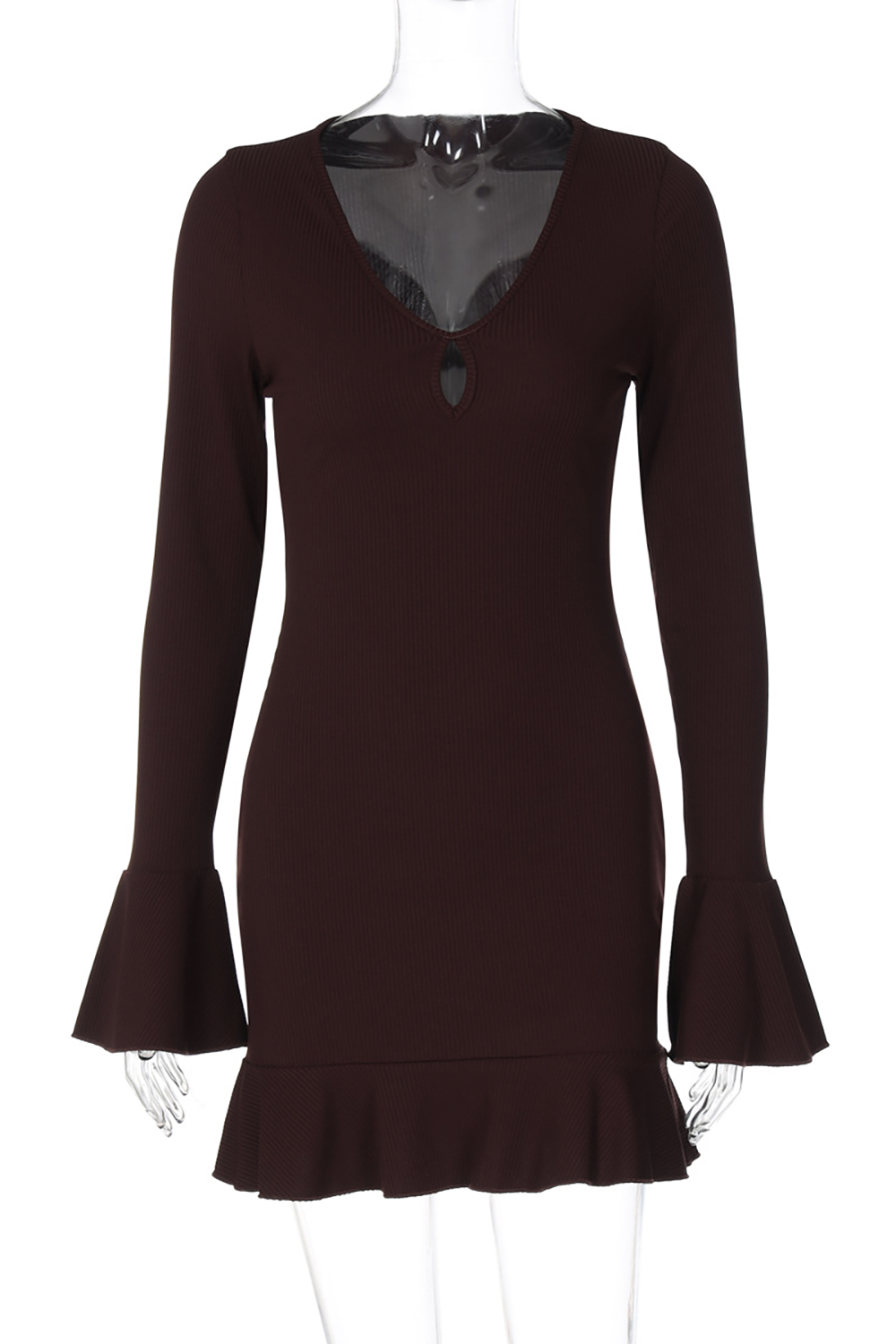 Cutout V Neck Flare Sleeve Slim Fit Ruffled Mini Dresses-Red