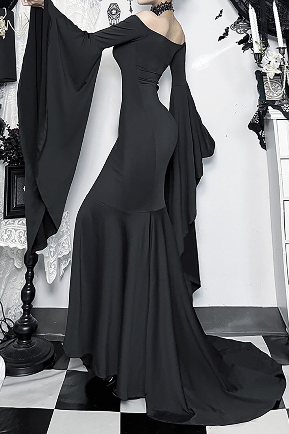 Off Shoulder Bell Sleeve Fitted Mermaid Gowns Maxi Dresses-Black