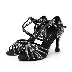 Women's Black Customized Heel Strappy Dance Shoes With Crystals