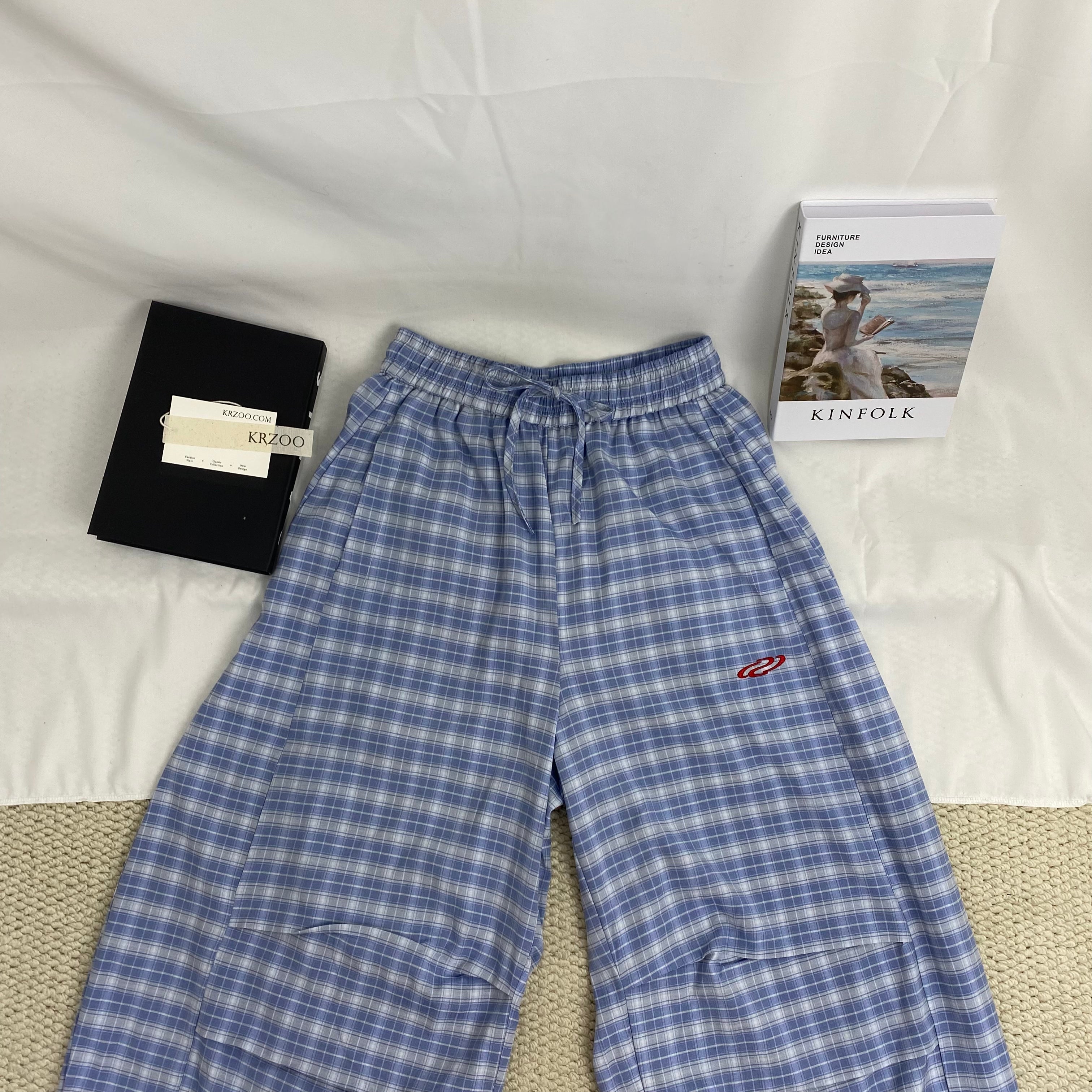 Retro Blue Curved-Leg Plaid Trousers