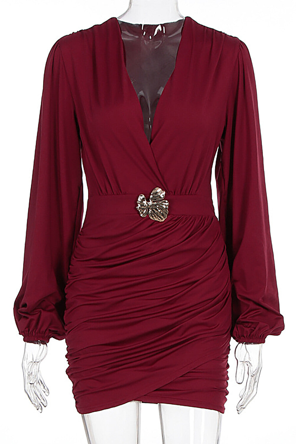 V Neck Lantern Sleeve Metal Flower Decor Ruched Bodycon Mini Dresses-Burgundy