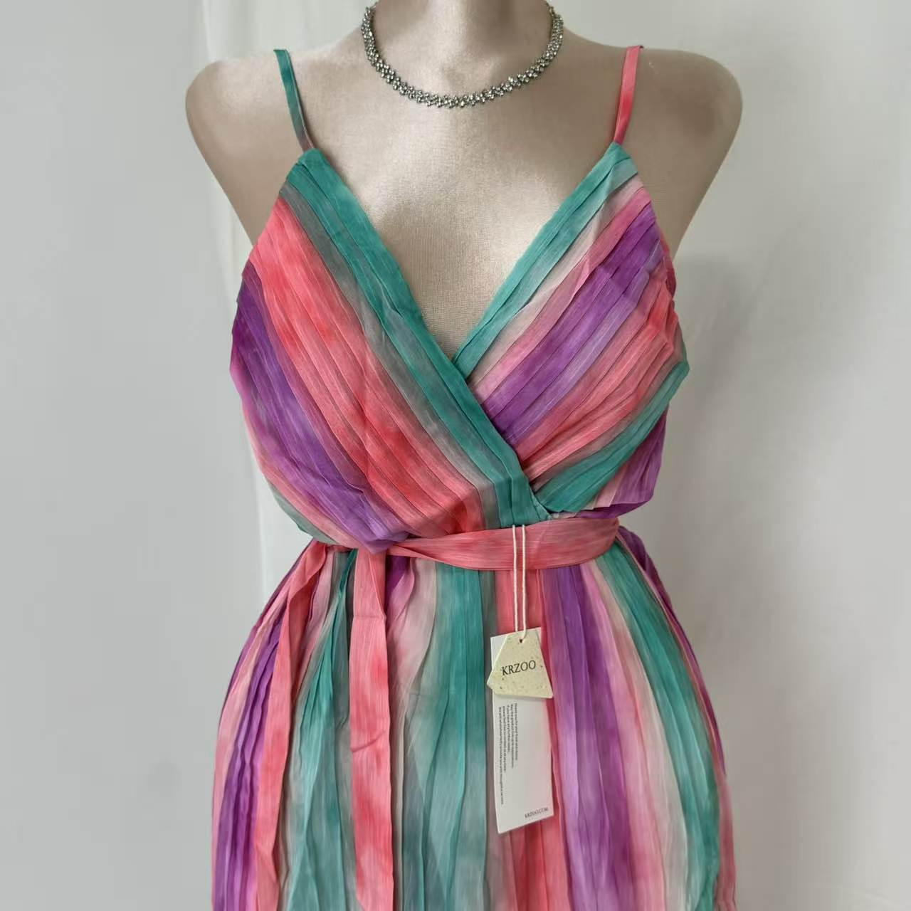 Casual V-Neck Chiffon Dress With Waist Ties