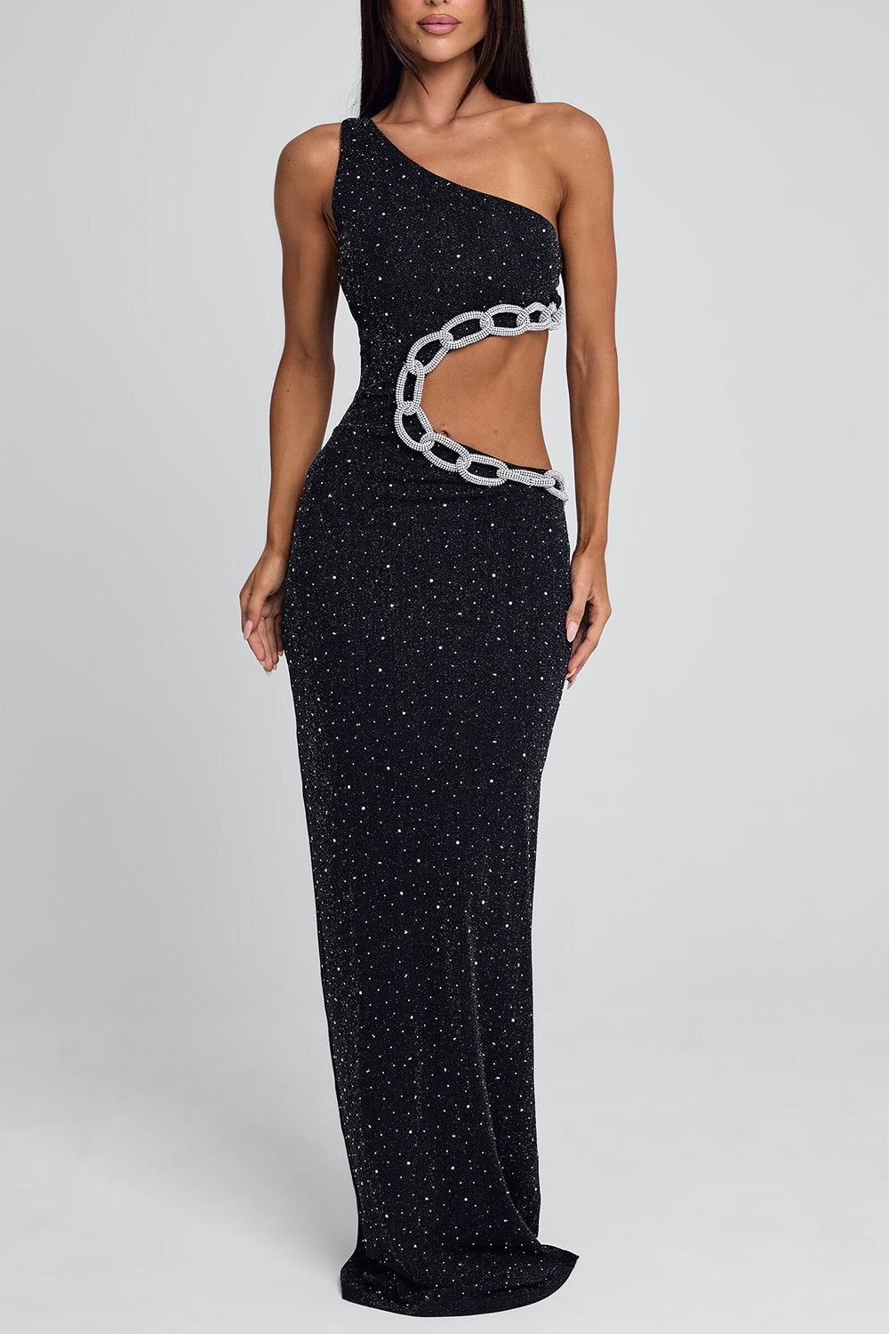 One Shoulder Cutout Chain Slim-Fit Glitter Maxi Dresses-Black Pre Order