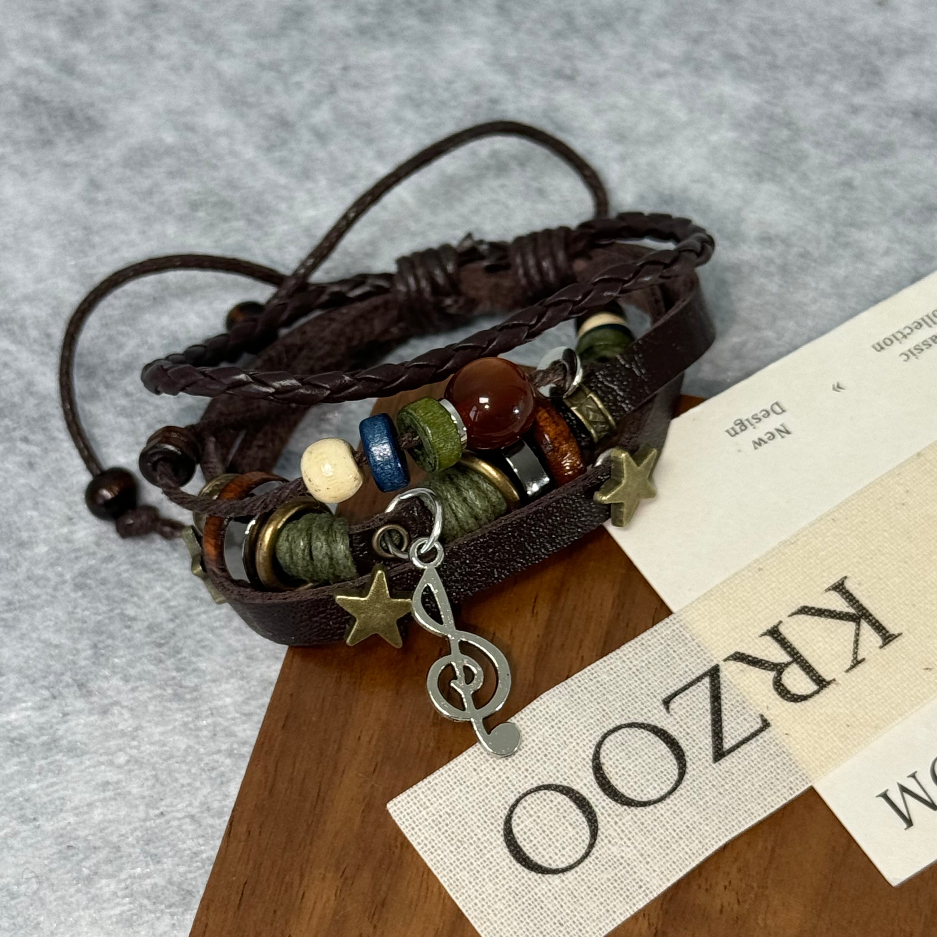 Multi-layer beaded leather woven bracelet
