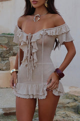 Knit Off Shoulder Short Sleeve Ruffled Slim Fit Mini Dresses Beige