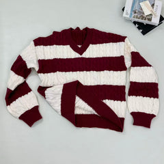 Loose V-neck vintage contrasting stripe sweater