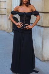 Off Shoulder Lace-Up Top Layered Maxi Skirt 2pcs Set-Black Pre Order