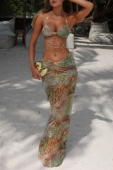 Beady Chains Halter Bra Plants Print Maxi Skirt 2pcs Set Green