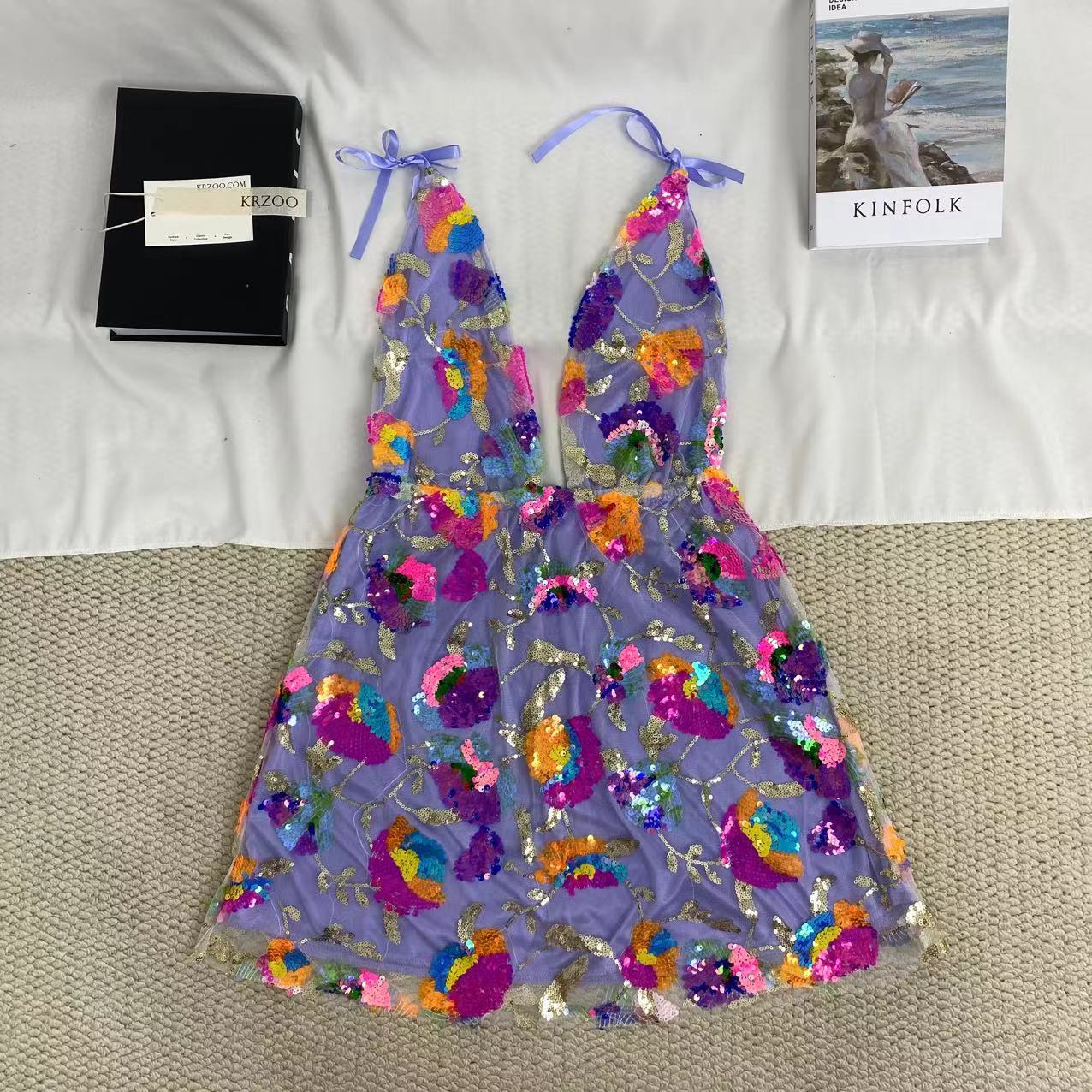 Deep V-Neck Sequined Mini Dress