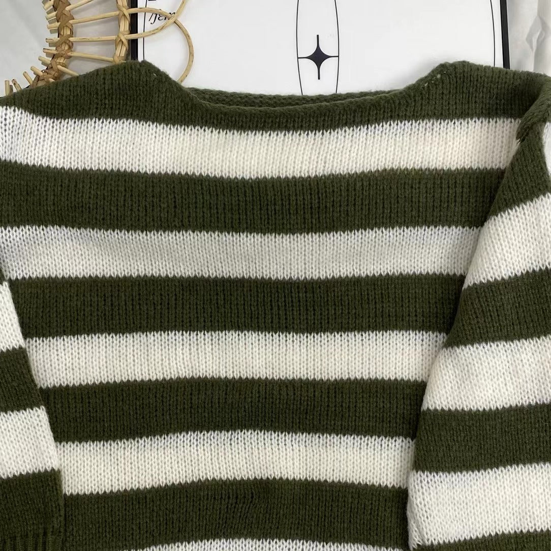 Crew Neck Striped Loose Knit Sweater