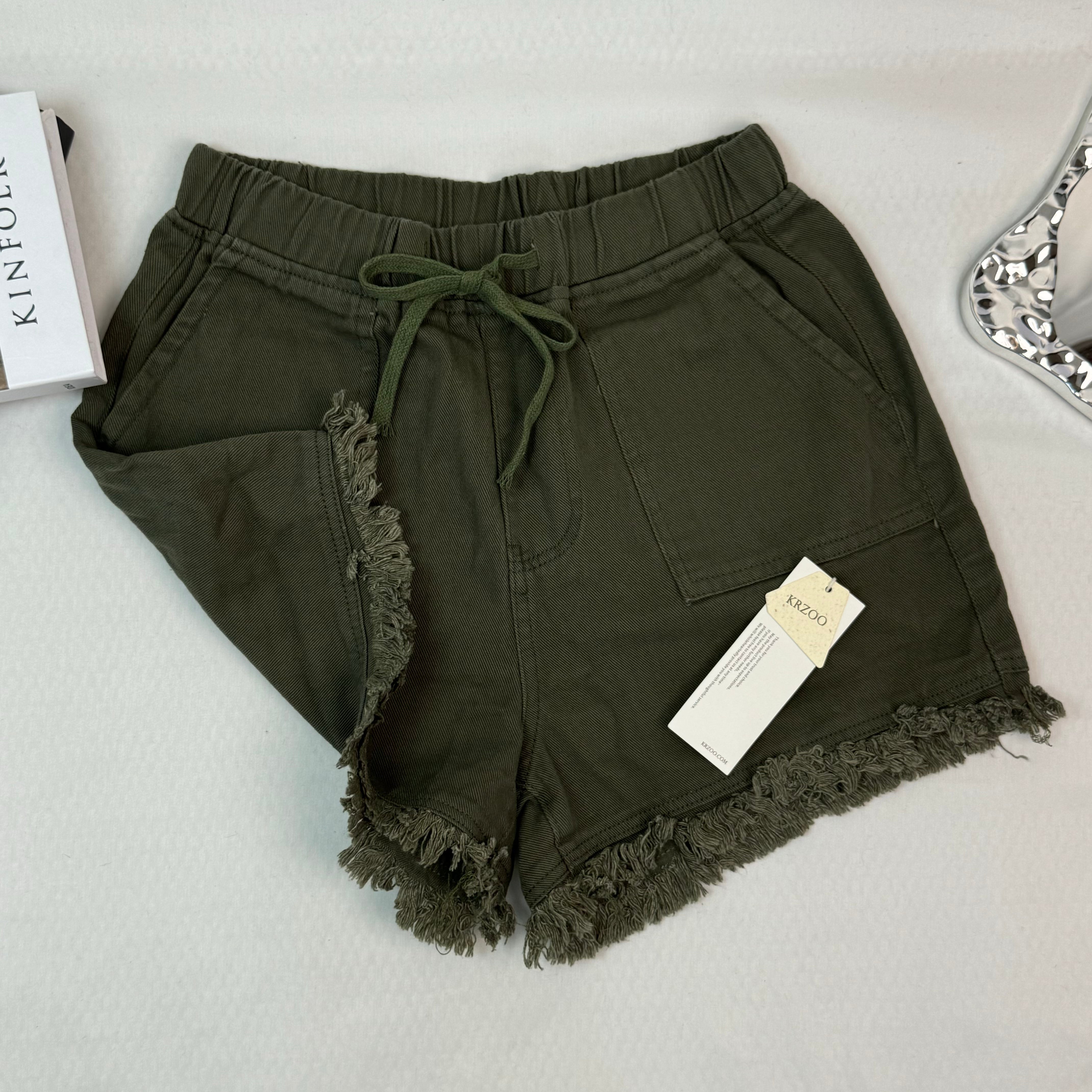 Stretch waistband drawstring denim shorts