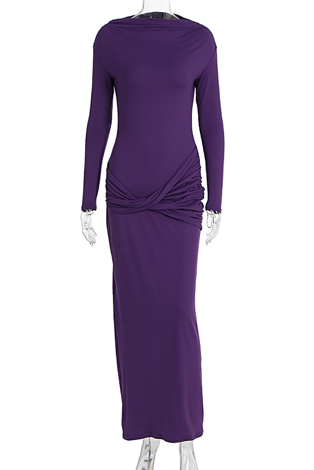 Solid Color Twisted Ruched Bodycon Long Sleeve Maxi Dresses-Purple
