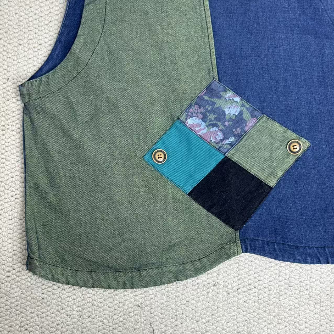 Retro Print Patchwork Denim Vest
