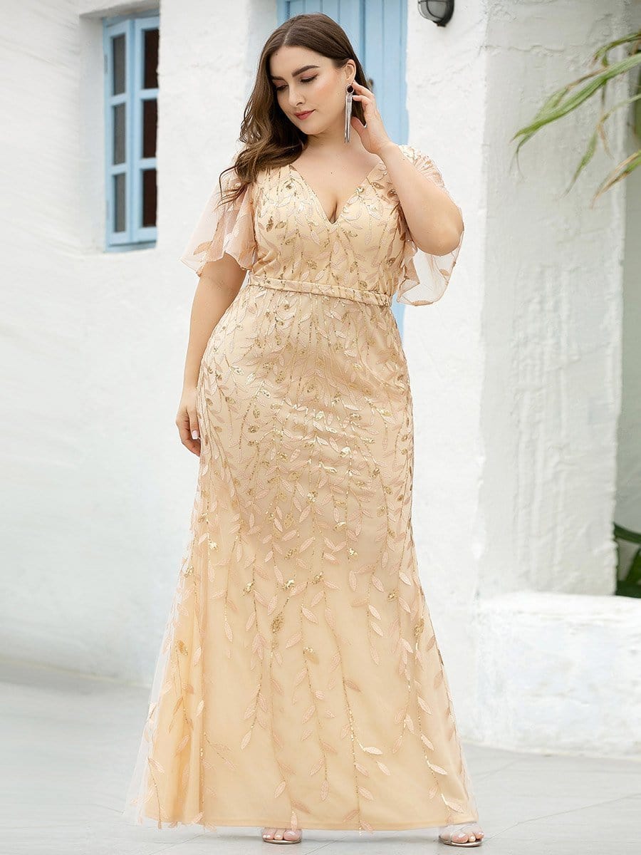 Enchanting Plus Size V Neck Mermaid Sequin & Tulle Evening Gown