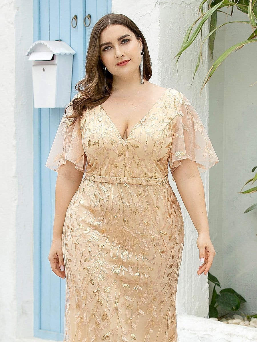 Enchanting Plus Size V Neck Mermaid Sequin & Tulle Evening Gown