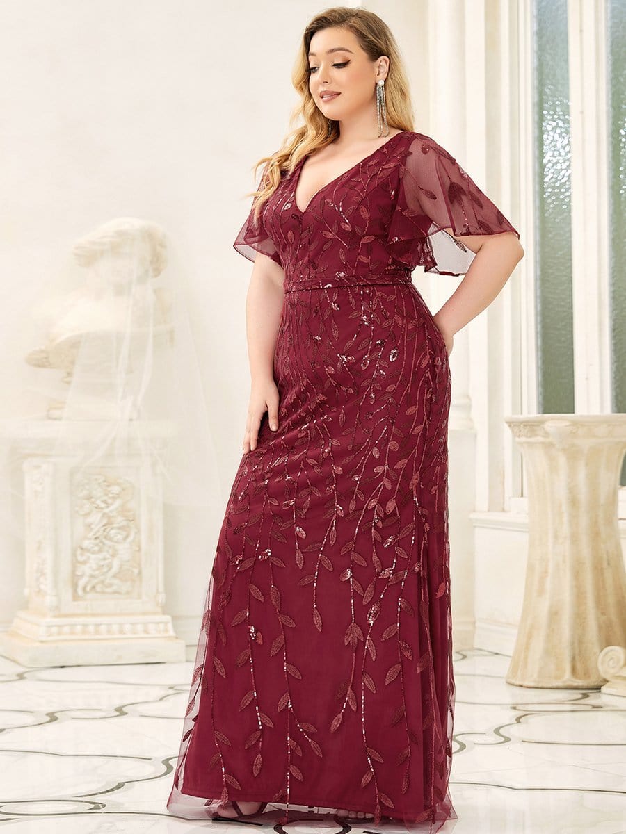 Enchanting Plus Size V Neck Mermaid Sequin & Tulle Evening Gown