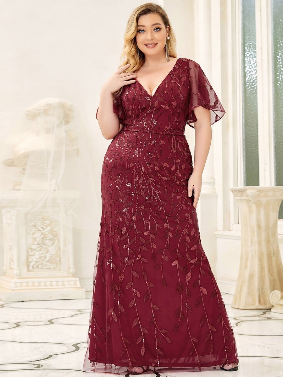 Enchanting Plus Size V Neck Mermaid Sequin & Tulle Evening Gown