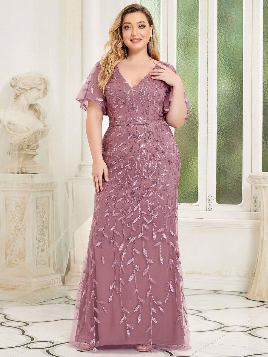 Enchanting Plus Size V Neck Mermaid Sequin & Tulle Evening Gown
