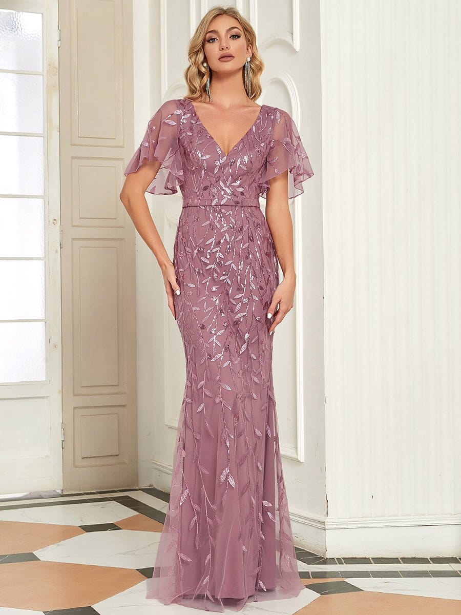 Enchanting Plus Size V Neck Mermaid Sequin & Tulle Evening Gown