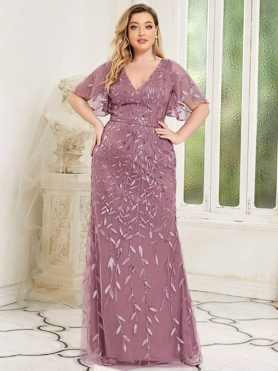 Enchanting Plus Size V Neck Mermaid Sequin & Tulle Evening Gown
