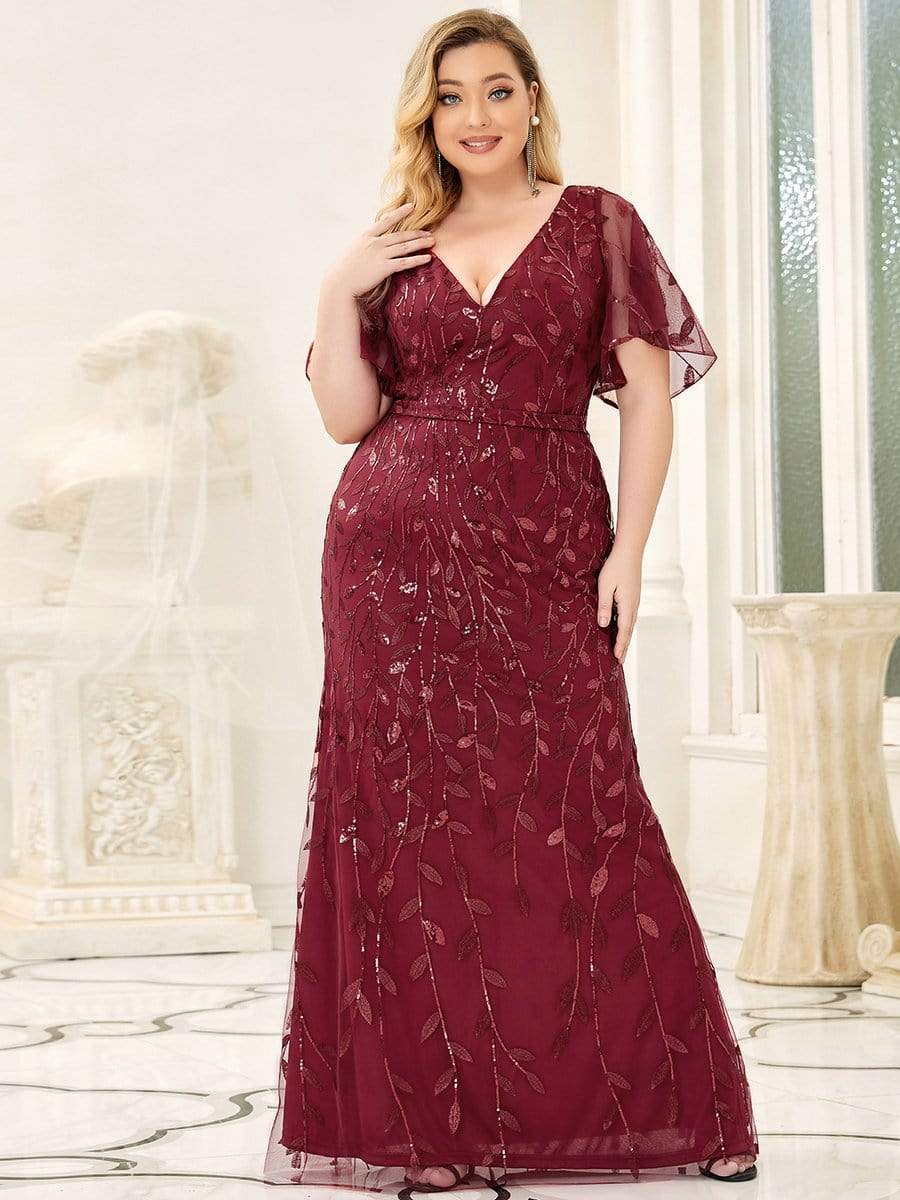 Enchanting Plus Size V Neck Mermaid Sequin & Tulle Evening Gown
