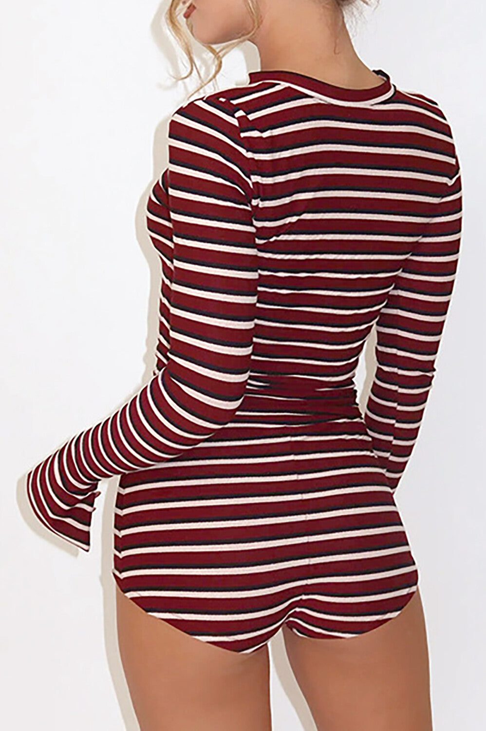 Striped Print Round Neck Flare Sleeve Top Slim Fit Shorts 2pcs Set-Burgundy