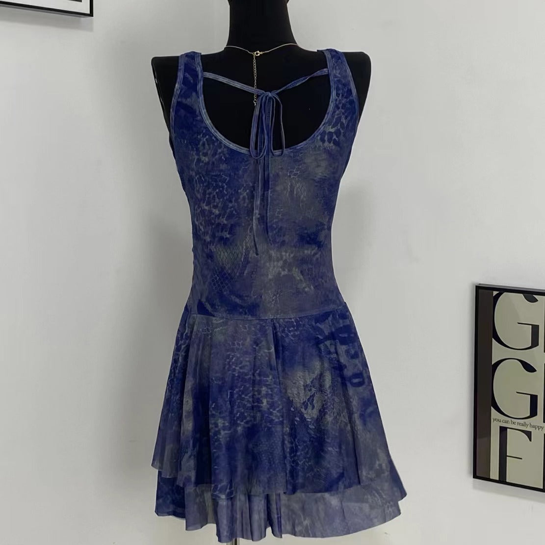 Street Hollow Print Halter Back Dress