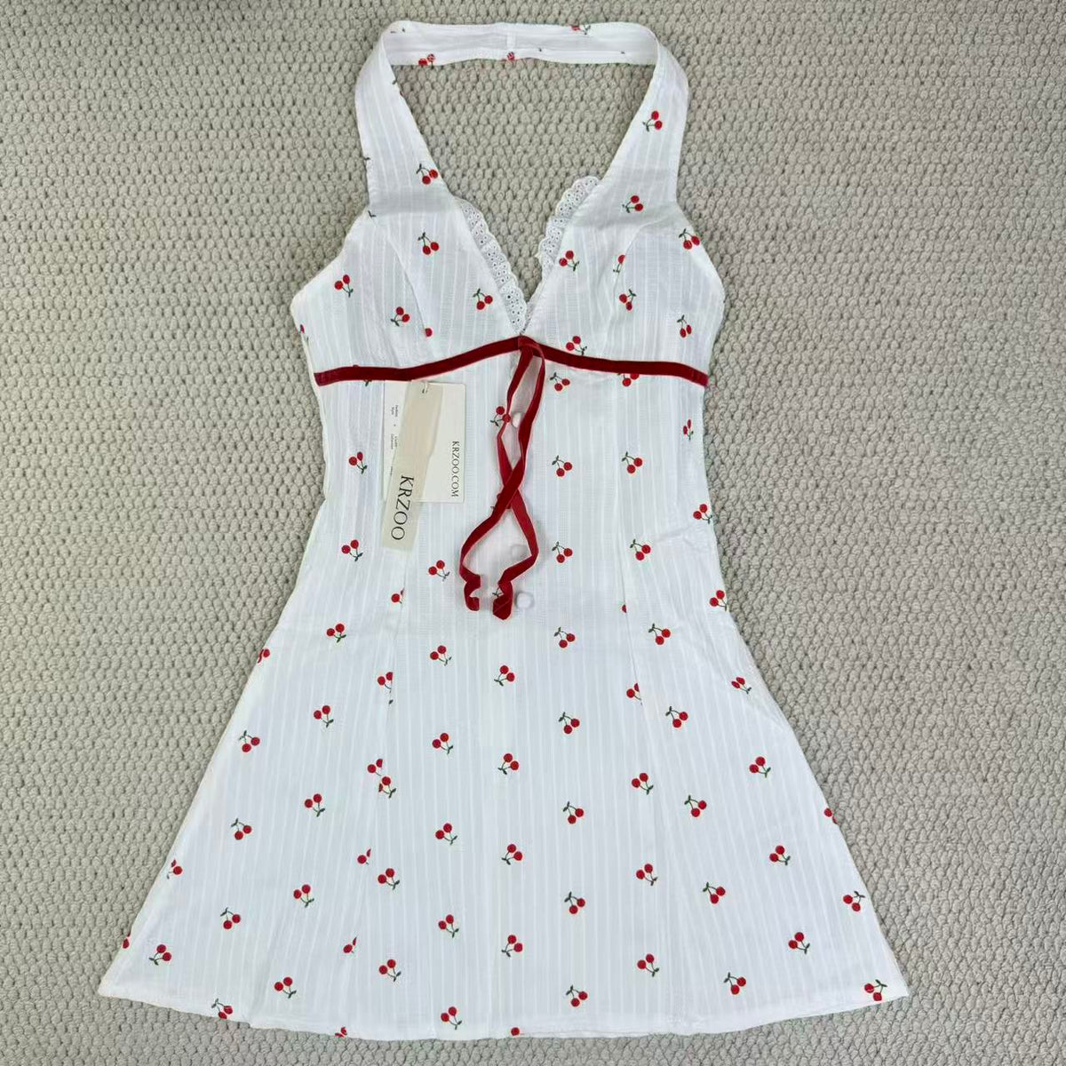 Deep V button-down backless cherry-neckline dress