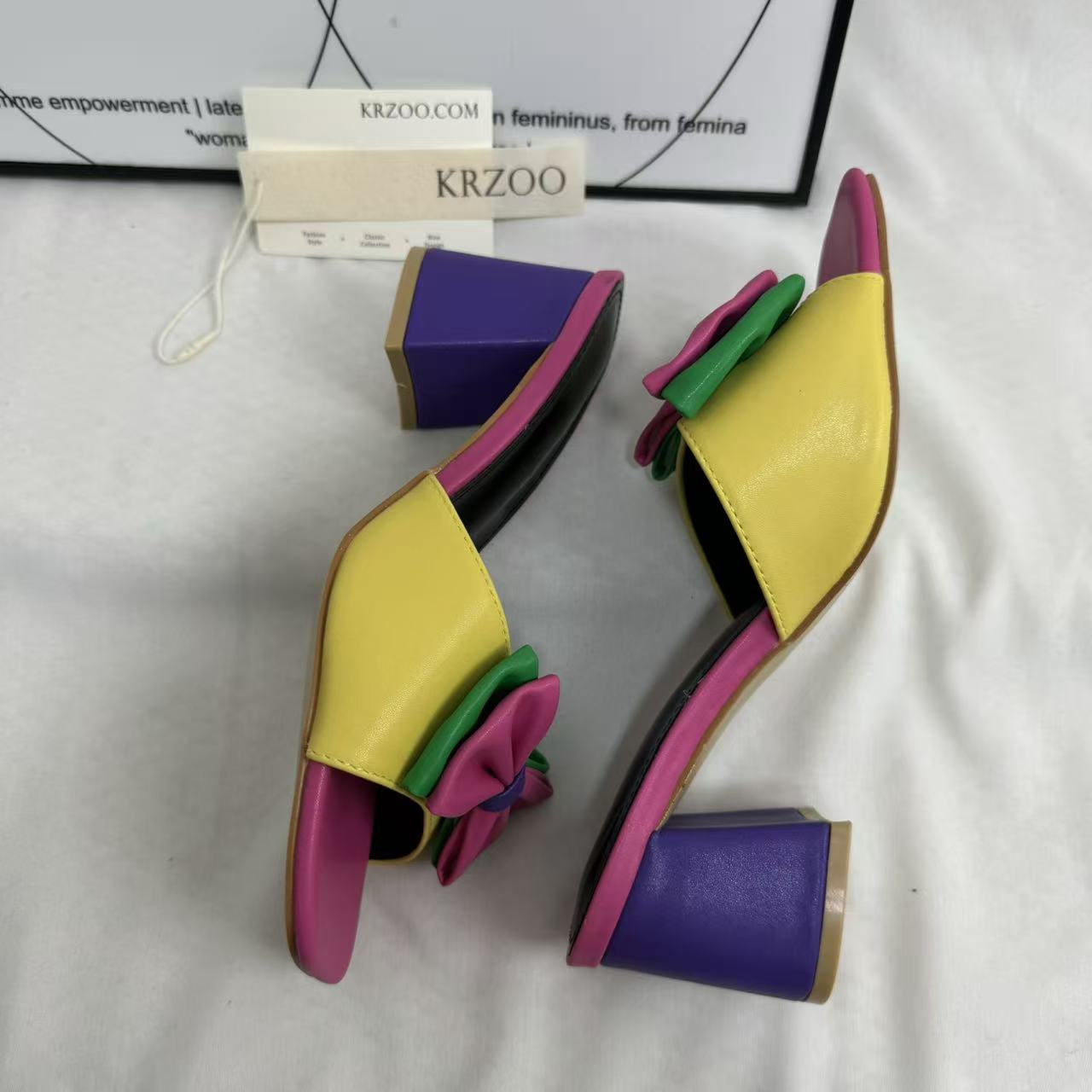 Square-Toe Mid-Heel Bow Slide Sandals