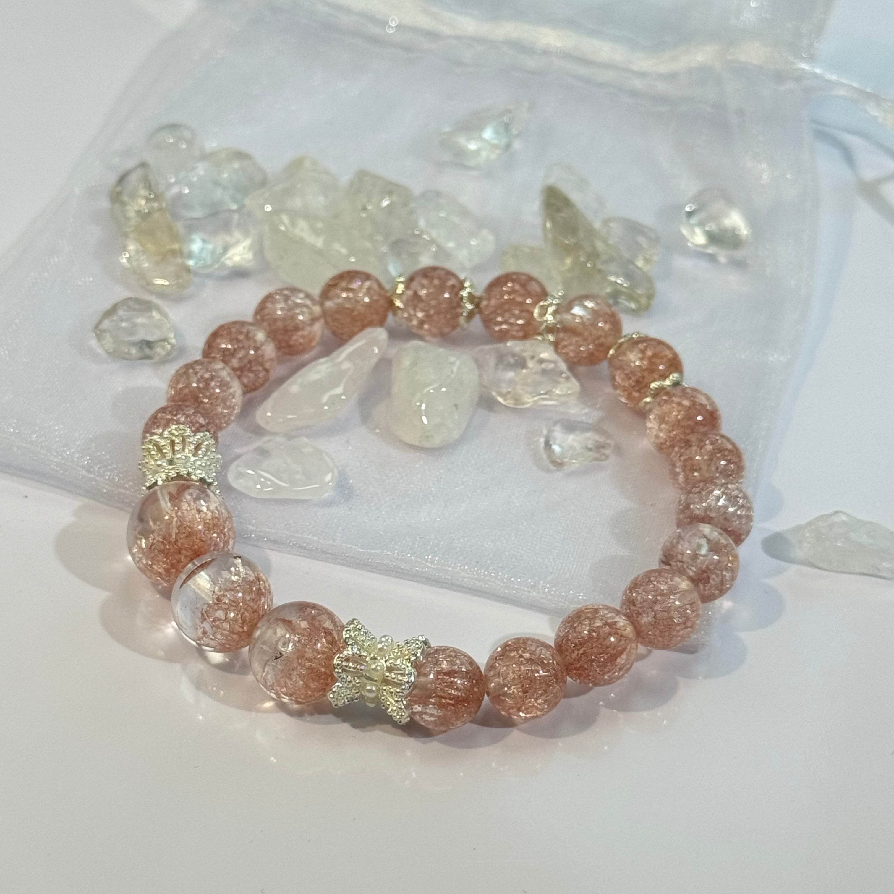Pink Firework Quartz Beaded Bracelet，Aesthetic Handmade Crystal Bracelet Jewelry Gift