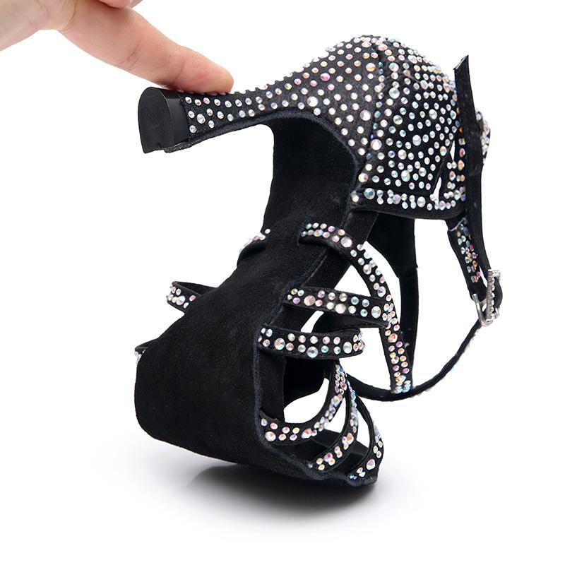 Women's Black Strappy Satin Rhinestones Customized Heel Dance Shoes