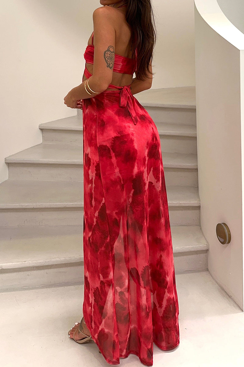 Pattern Print Sash Cut Out Halter Crop Top Vacation Mini Skirt Matching Set