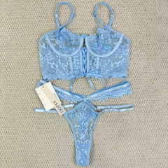 Lace bra with sequins and 3D small flower set