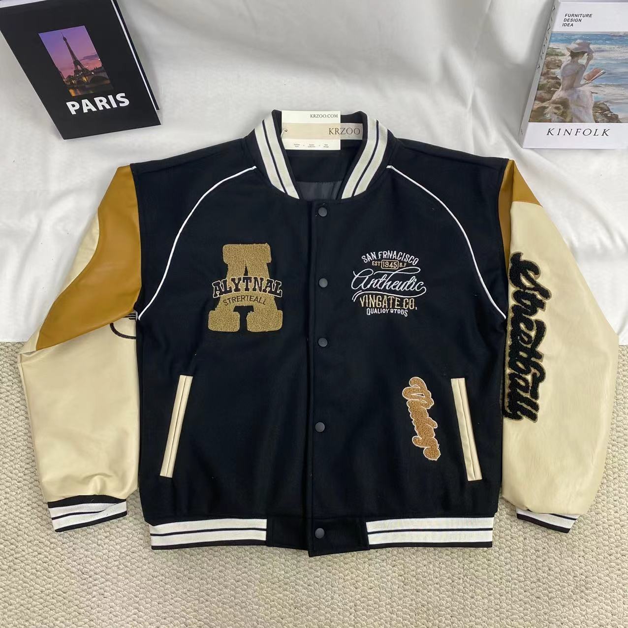 Embroidered Leather Sleeve Jacket