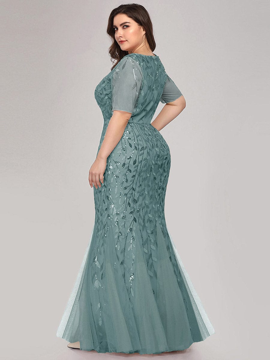 Floral Sequin Print Maxi Long Fishtail Formal Dresses With Half Sleeve
